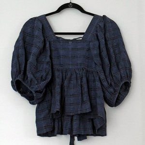 Moon River Navy Dark Blue Puff Sleeve Baby Doll Top Blouse S